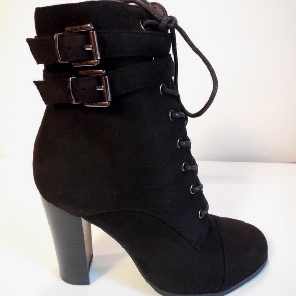 black lace up block heel booties